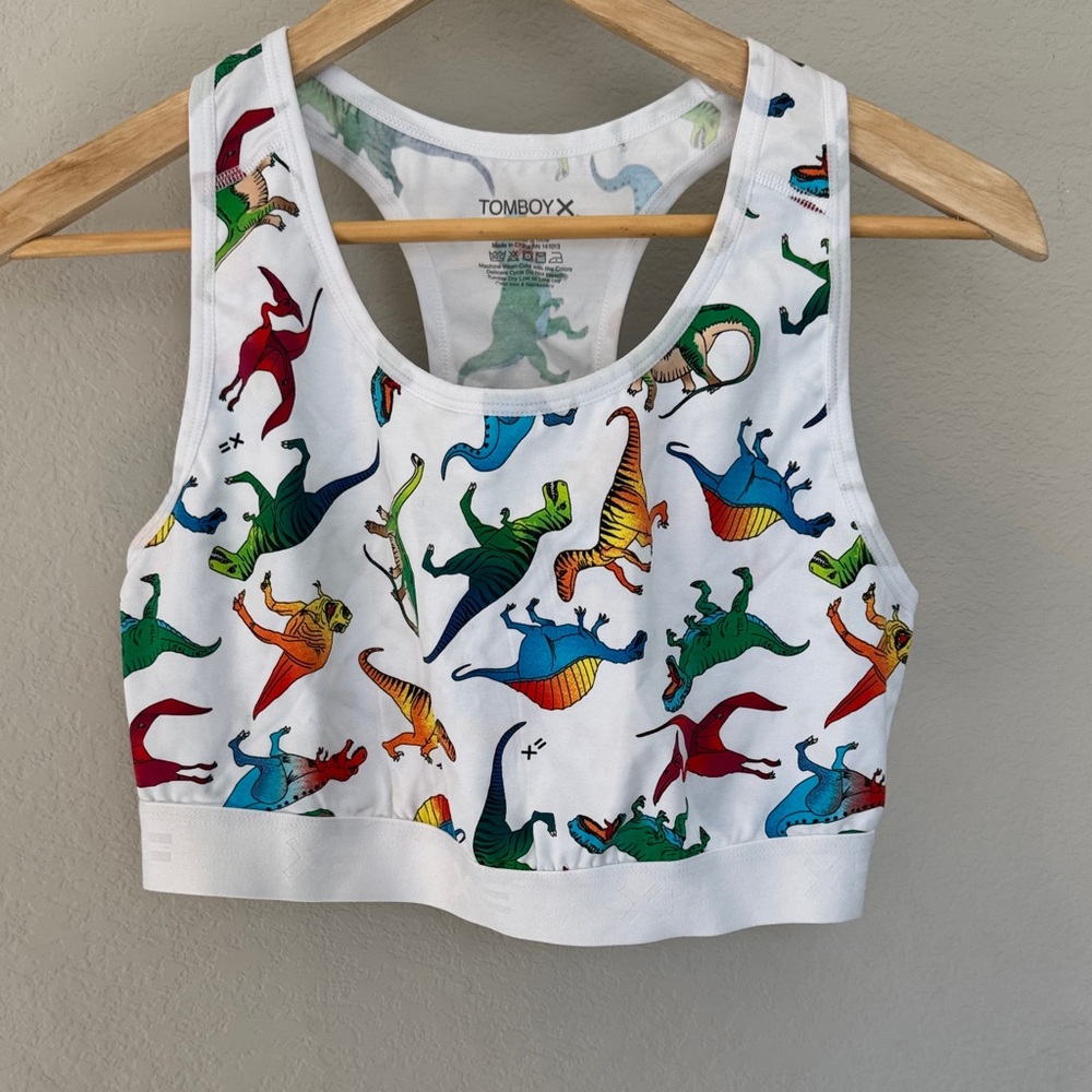 TomboyX White Sports Bra with Multicolor Dinosaur Print
